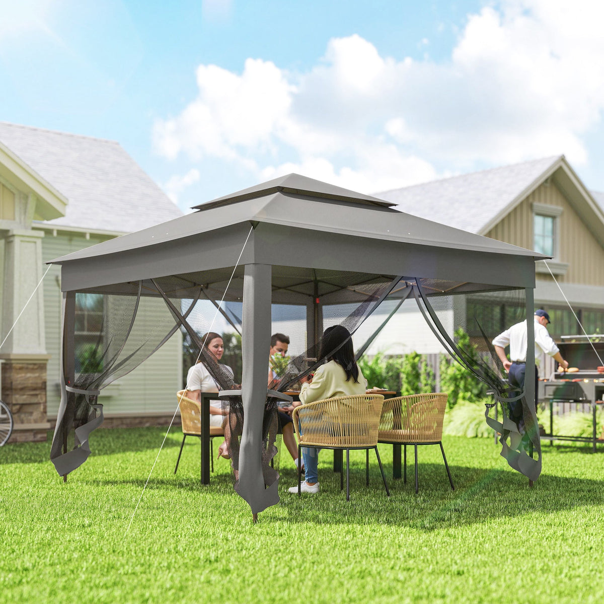 11' x 11' Pop-Up Canopy with 2-Tier Soft Top and Zipper Netting, Dark Grey