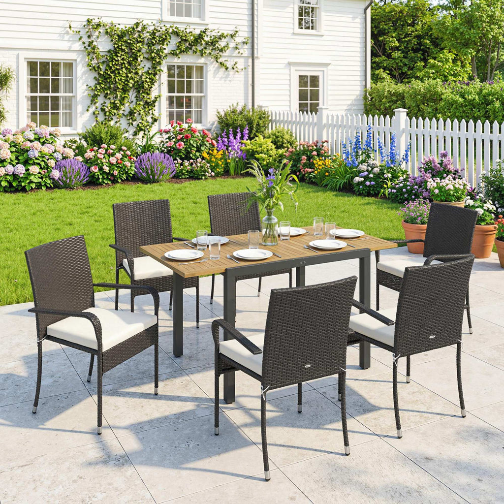 7-Piece Rattan 6-Seater Dining Set with Acacia Top and Cushions, Cream White