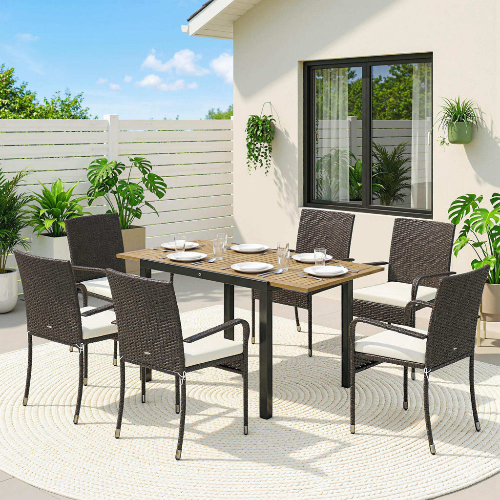 7-Piece Rattan 6-Seater Dining Set with Acacia Top and Cushions, Cream White