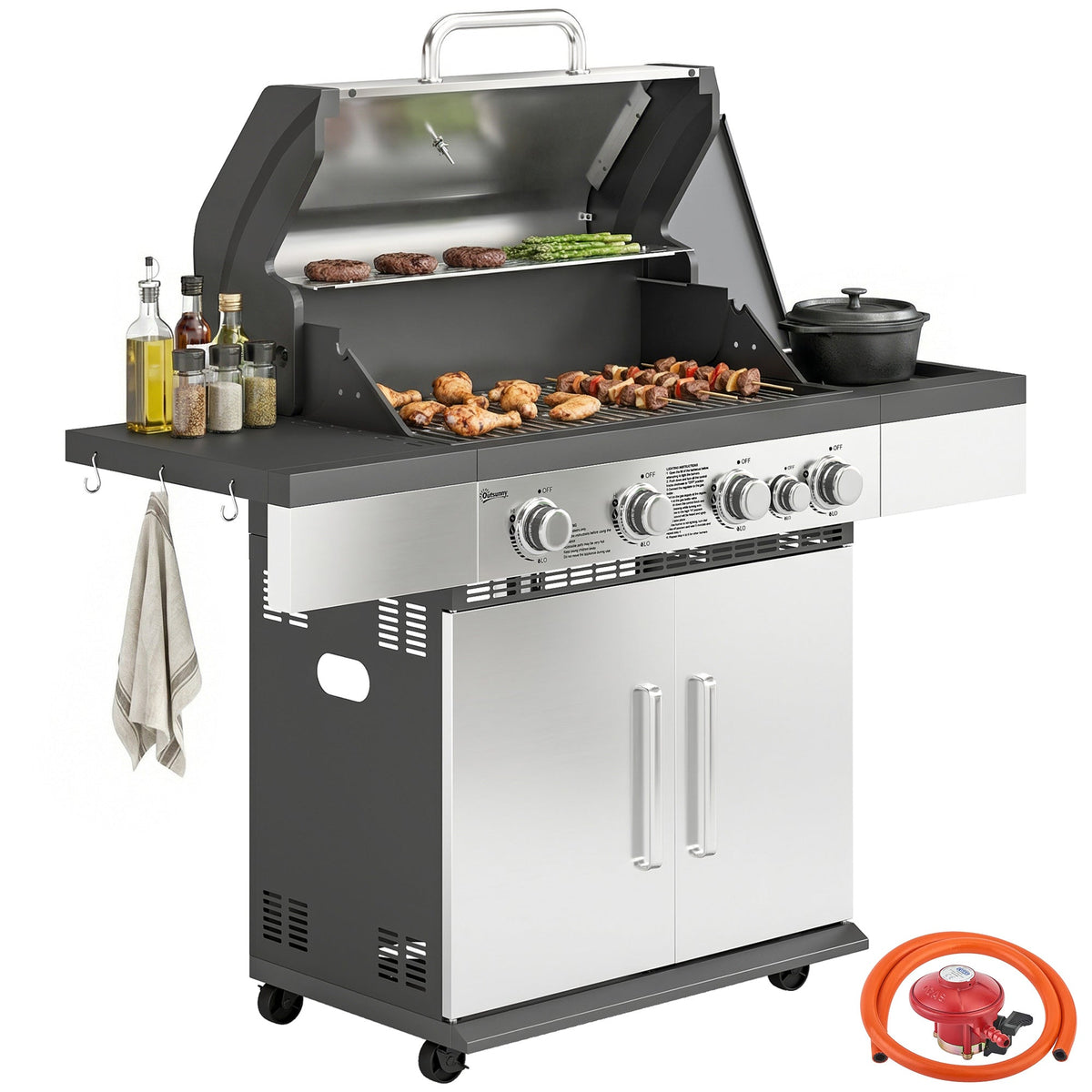 4+1 Burner Gas BBQ Grill with Side Burner and Storage Cabinet