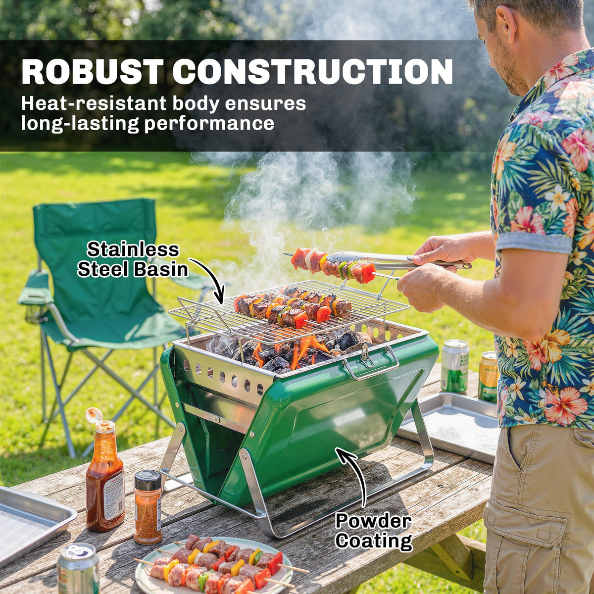 Folding Portable Charcoal BBQ Grill with Handle and Foldable Legs, Dark Green