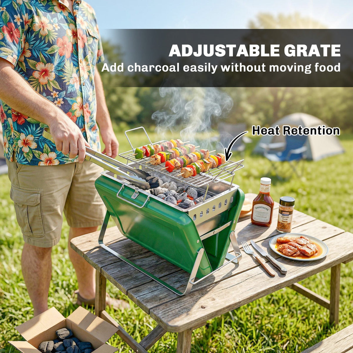 Folding Portable Charcoal BBQ Grill with Handle and Foldable Legs, Dark Green