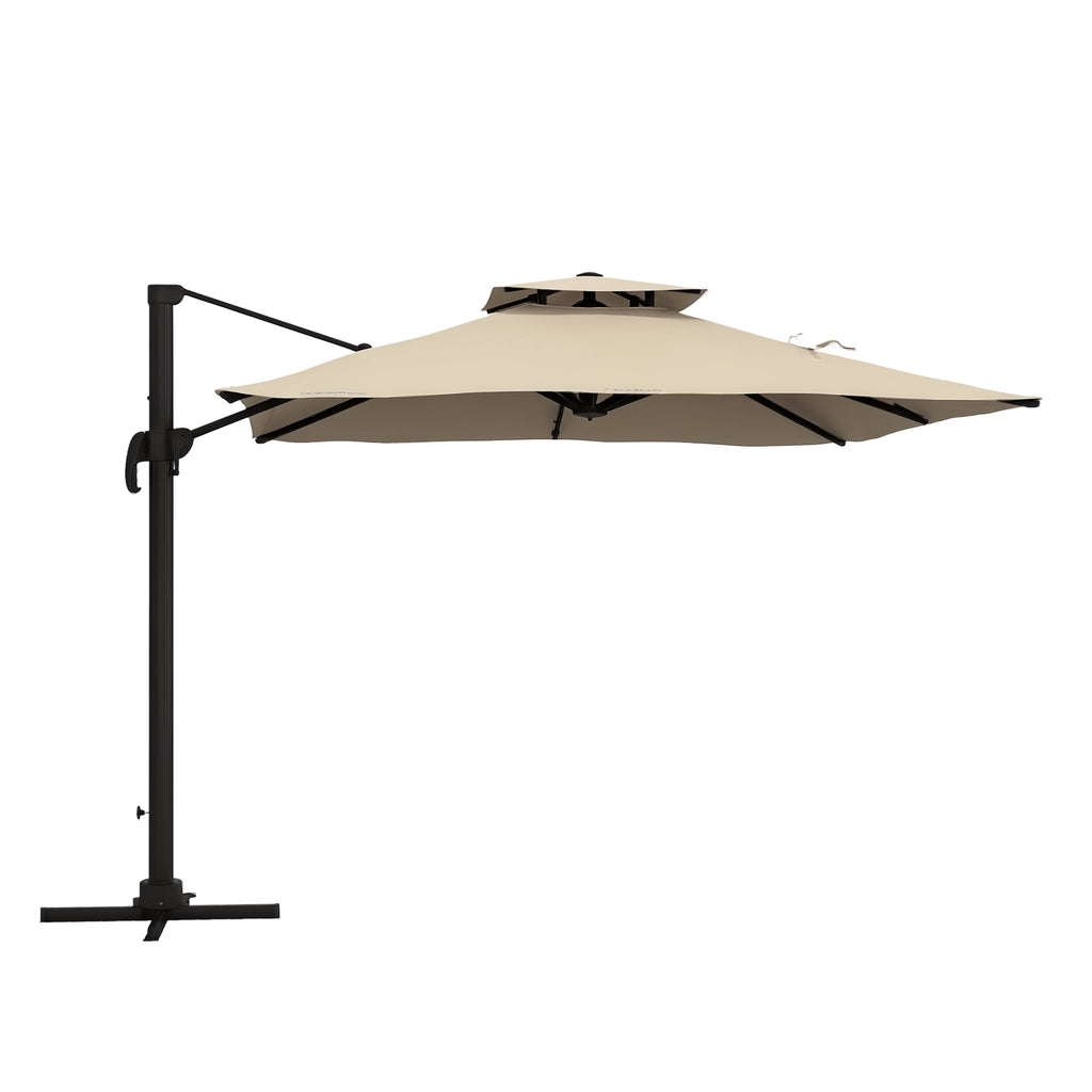 10ft Square Cantilever Patio Umbrella with 360° Rotation and Double Canopy, Khaki