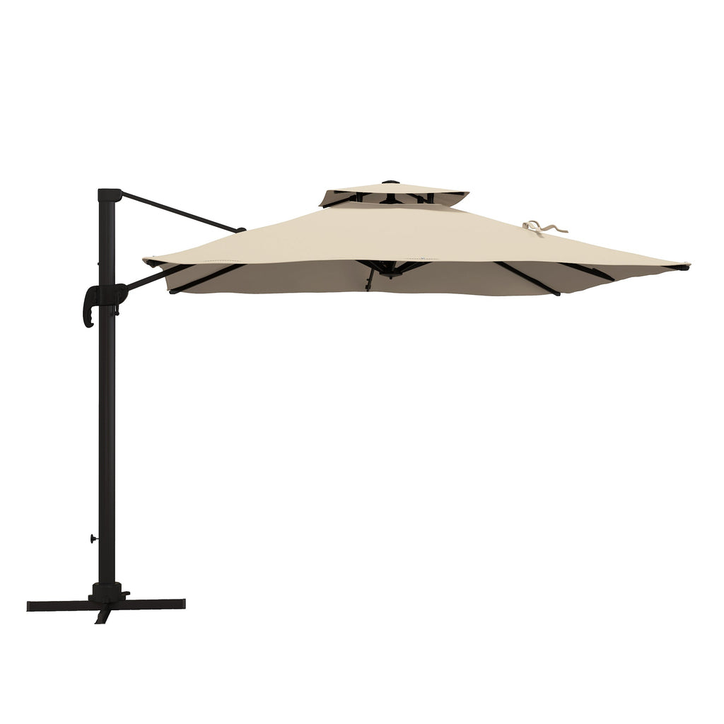 10ft Square Cantilever Patio Umbrella with 360° Rotation and Double Canopy, Khaki