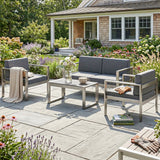 4-Seater Aluminium Sofa Set with Faux Wood Table and Olefin Cushions, Dark Grey
