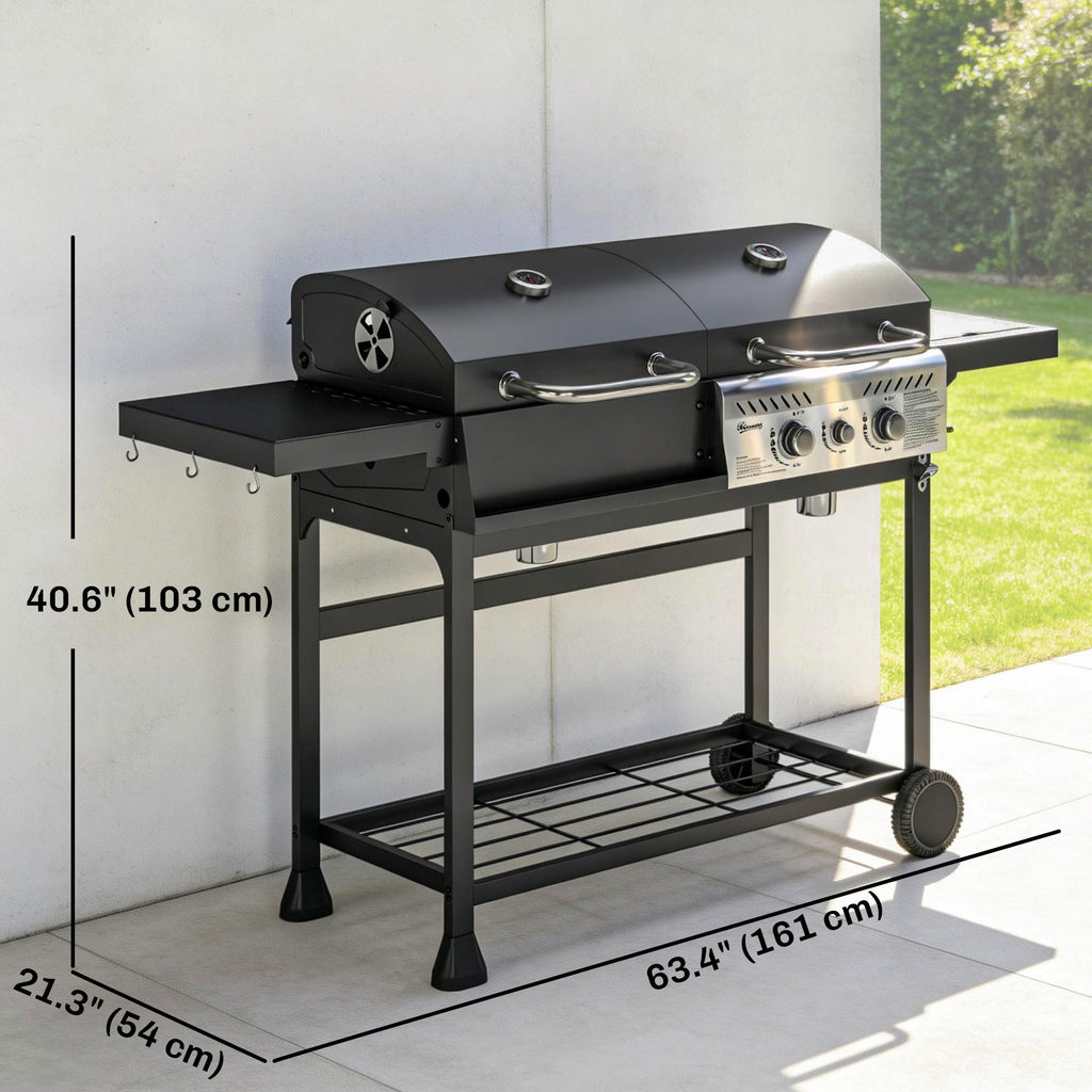Dual Fuel BBQ Grill with Charcoal and 2+1 Gas Burners, Black