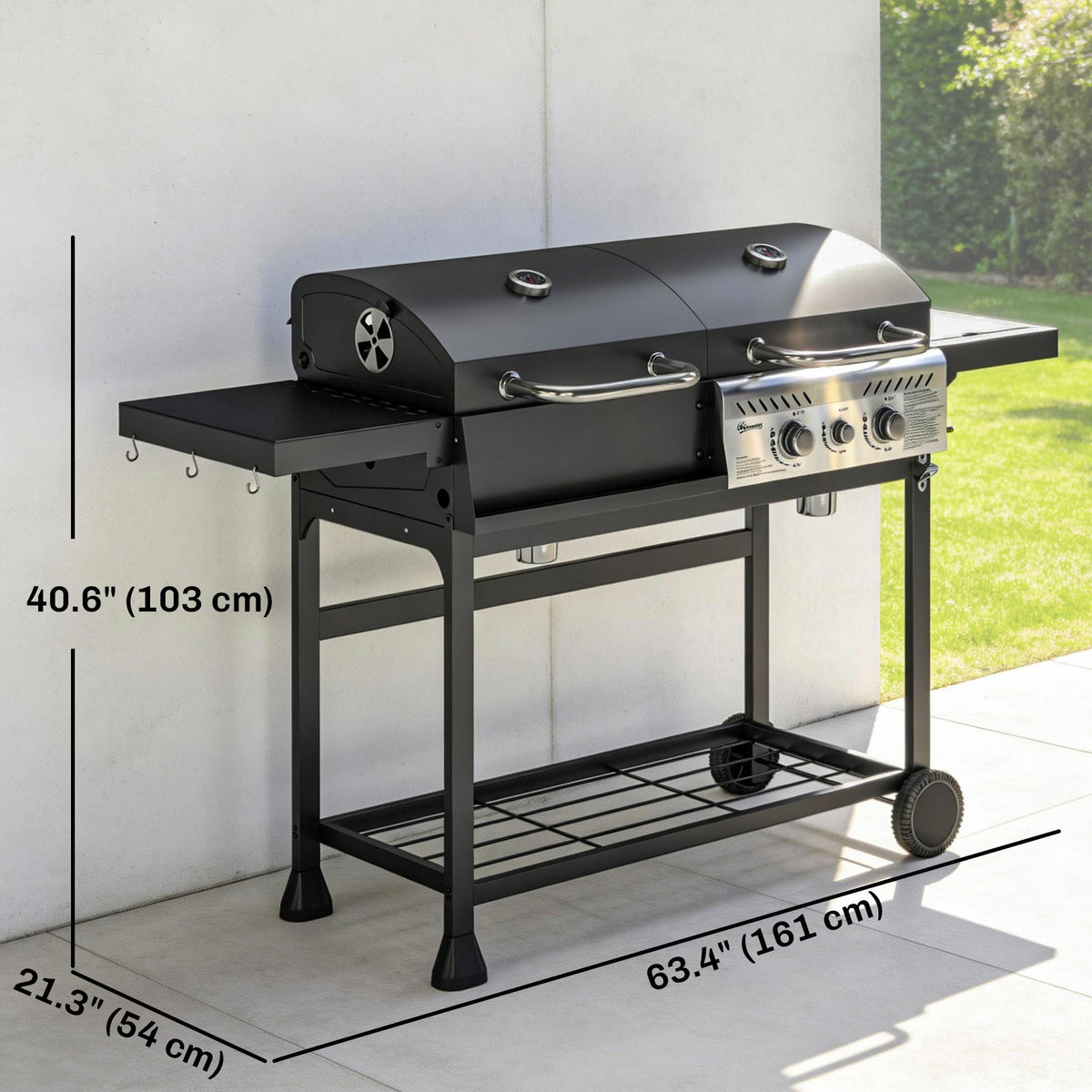 Dual Fuel BBQ Grill with Charcoal and 2+1 Gas Burners, Black