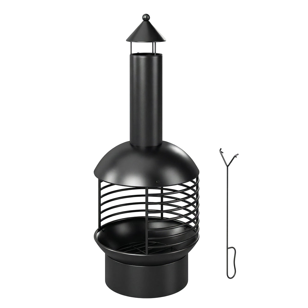 Chimney Fire Pit with Poker and Charcoal Grid, Black