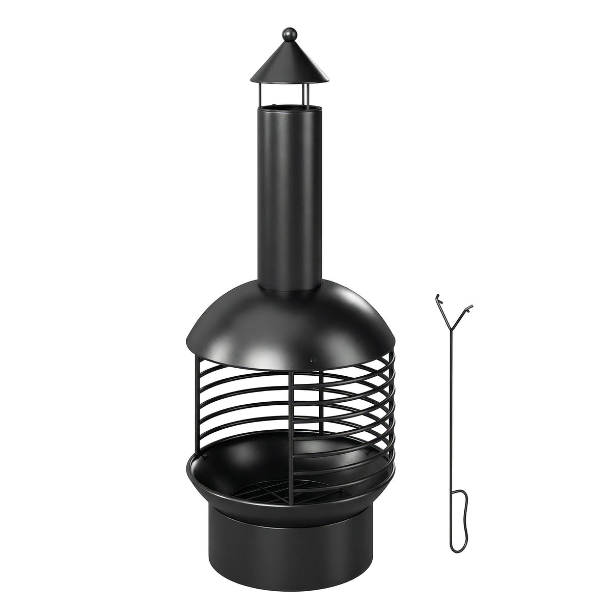 Chimney Fire Pit with Poker and Charcoal Grid, Black