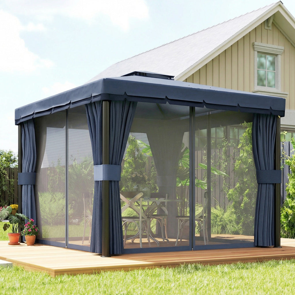 3 x 3 m Patio Gazebo with 2-Tier Roof, Netting & Curtains, Dark Blue