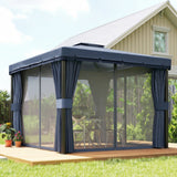 3 x 3 m Patio Gazebo with 2-Tier Roof, Netting & Curtains, Dark Blue