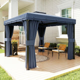 3 x 3 m Patio Gazebo with 2-Tier Roof, Netting & Curtains, Dark Blue