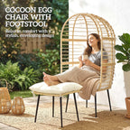 Standing Egg Chair with Footstool, PE Rattan Egg Chair with Cushions, Beige