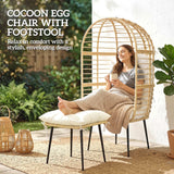 Standing Egg Chair with Footstool, PE Rattan Egg Chair with Cushions, Beige