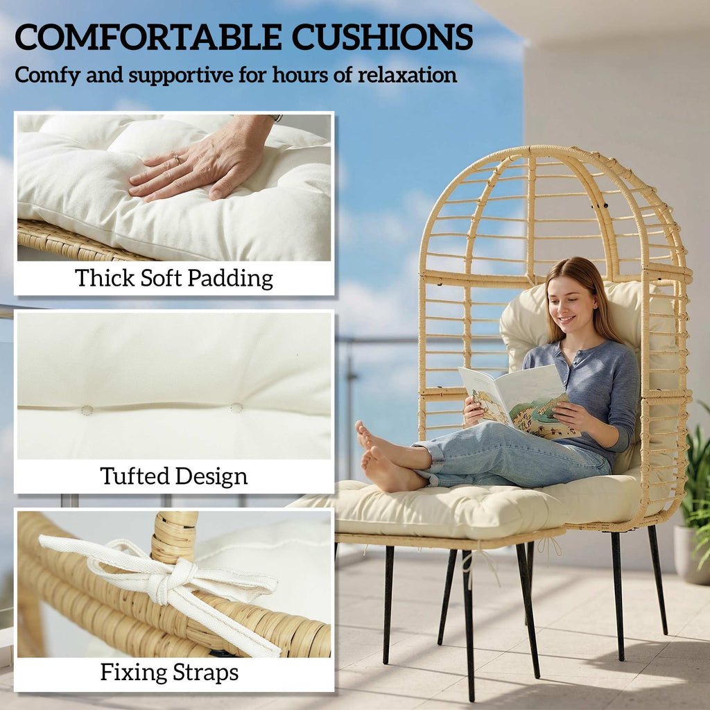 Standing Egg Chair with Footstool, PE Rattan Egg Chair with Cushions, Beige