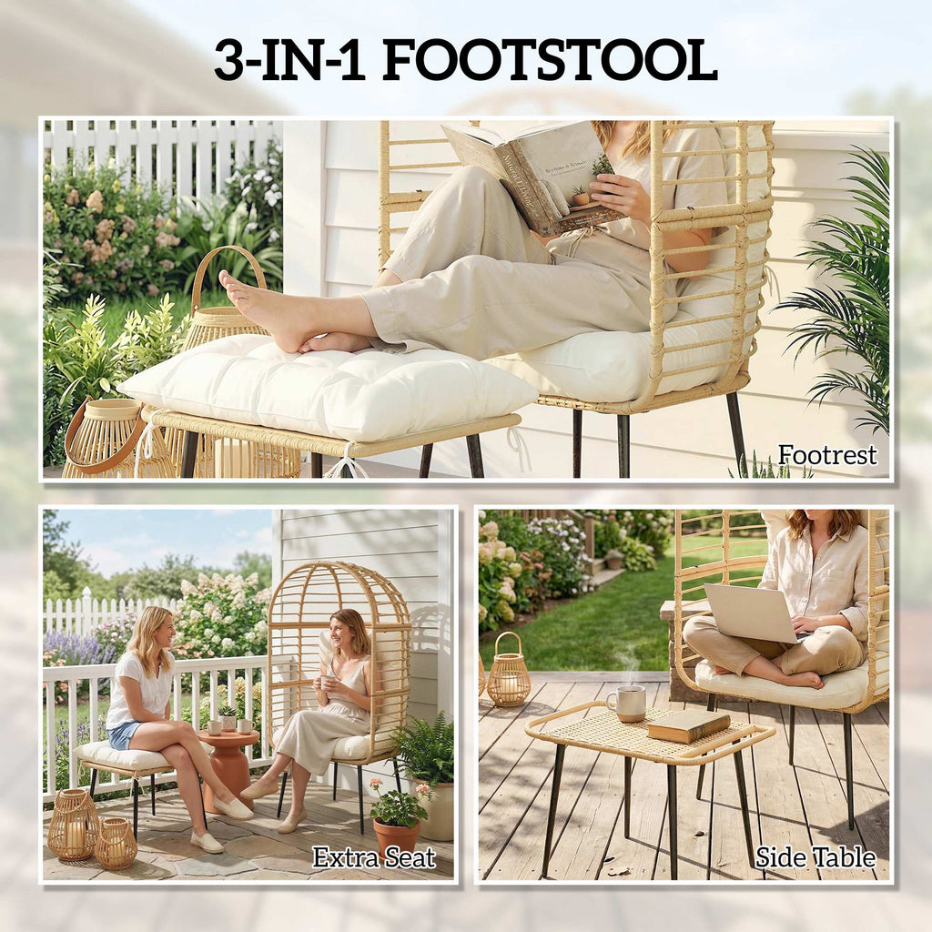 Standing Egg Chair with Footstool, PE Rattan Egg Chair with Cushions, Beige
