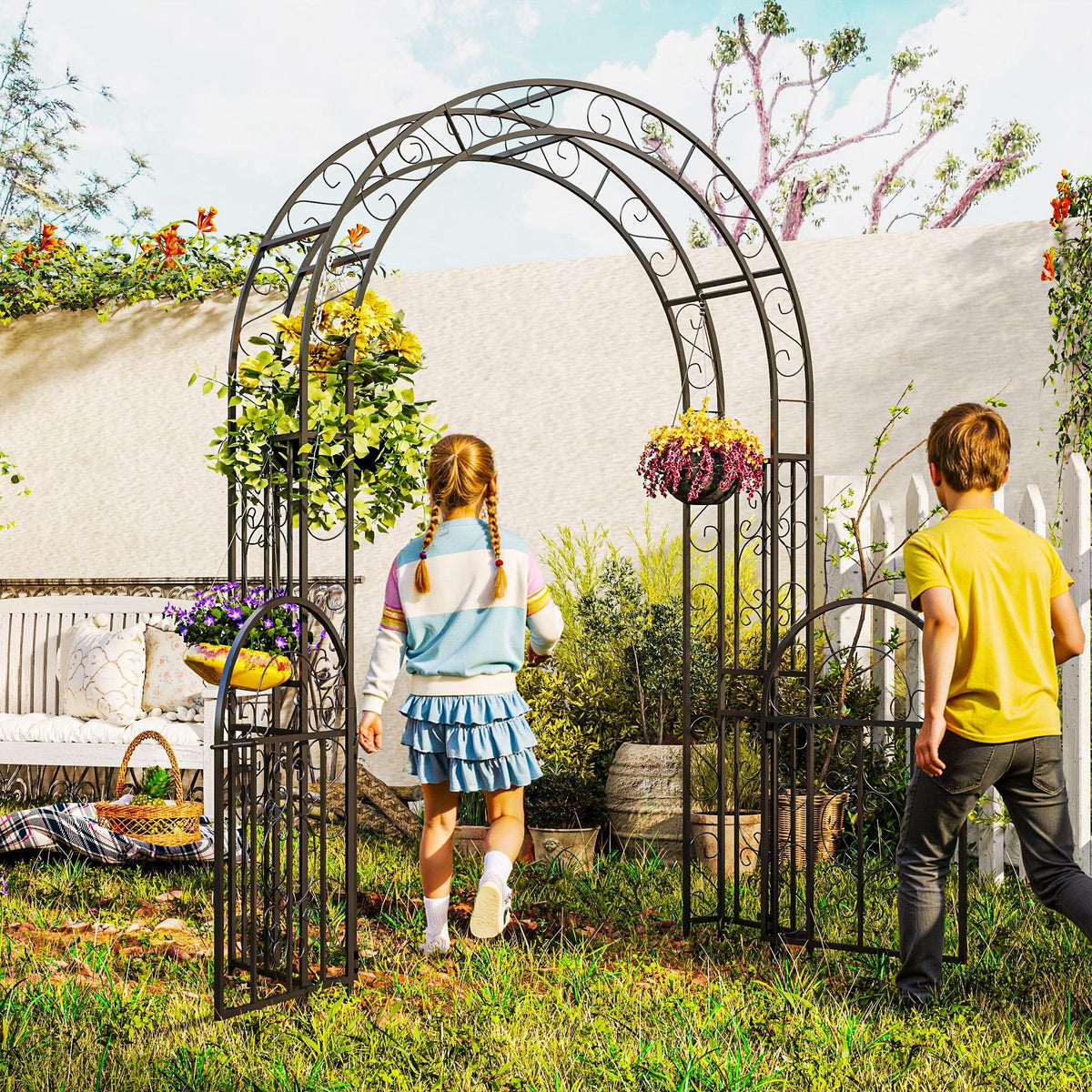 7.4ft Steel Garden Arch with Gate for Climbing Plants, Roses, Vines, Black