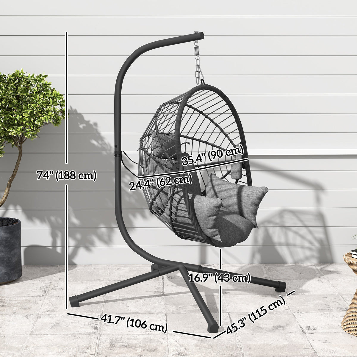 Hanging Egg Chair with Stand, Thick Cushion and Cup Holder, Grey