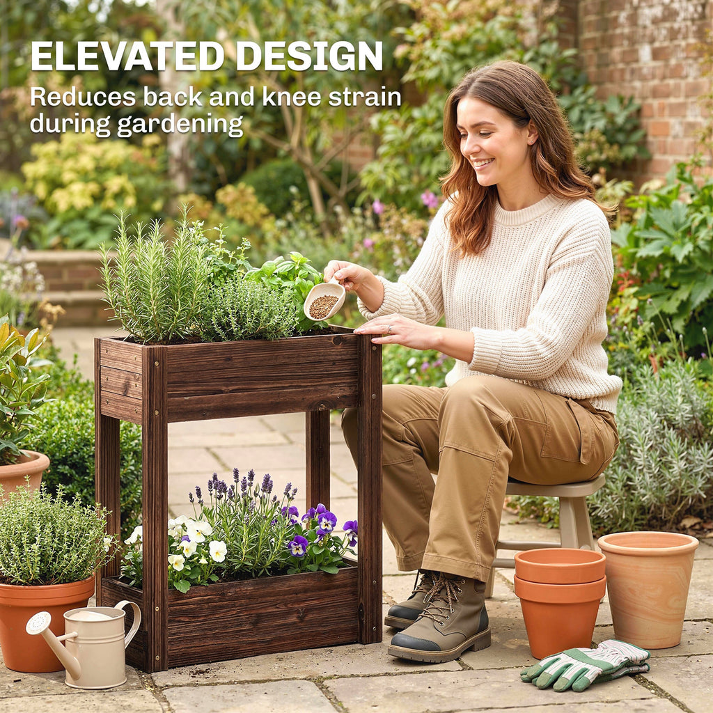 2-Tier Wooden Raised Planter with Liner, 60 x 25 x 70 cm
