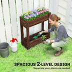 2-Tier Wooden Raised Planter with Liner, 60 x 25 x 70 cm