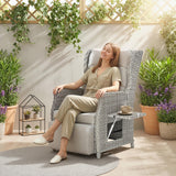Rattan Garden Recliner Chair with Footrest, Flip Table and Cushion, Light Grey