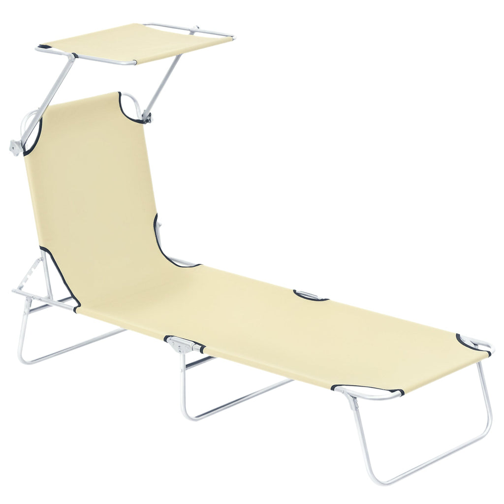 Adjustable Folding Lounge Chair with Sun Shade, Beige