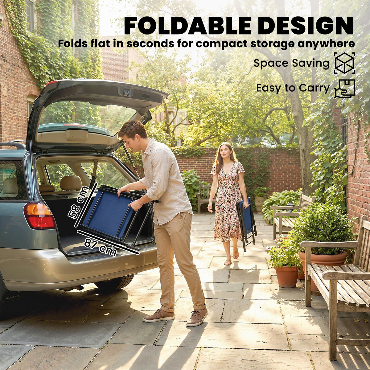 Set of 2 Folding Garden Chairs with High Back and Armrests, Navy Blue