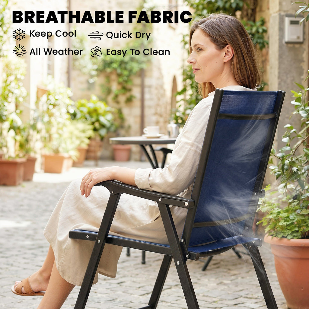 Set of 2 Folding Garden Chairs with High Back and Armrests, Navy Blue