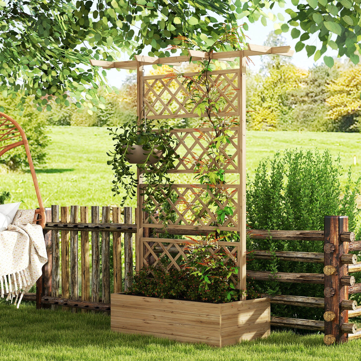 Wood Raised Garden Bed with Trellis, Roof and Privacy Screen, Natural