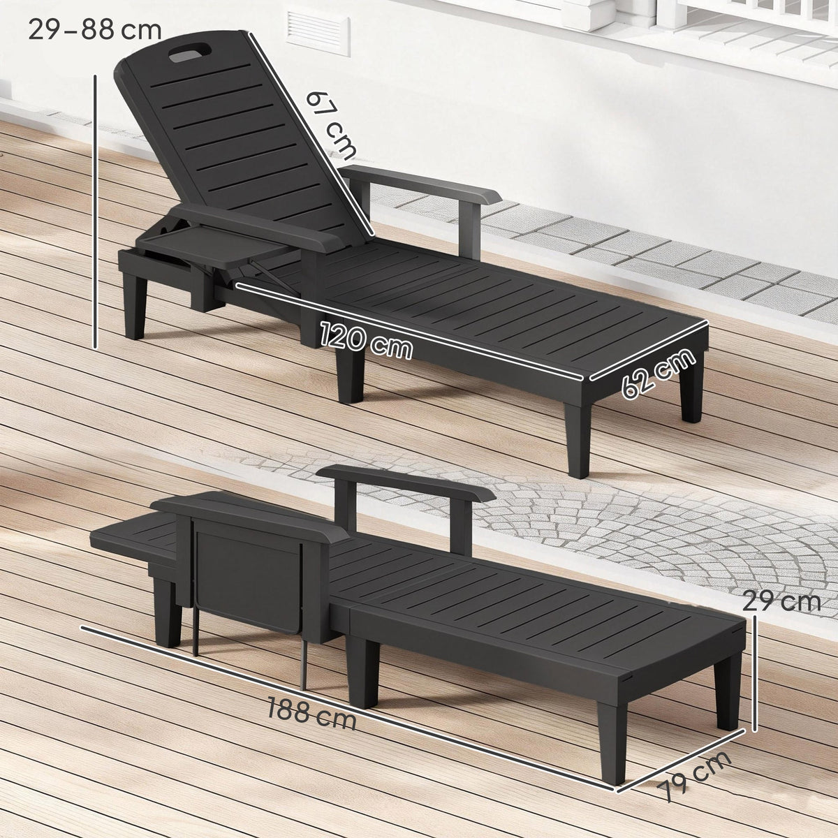 Set of 2 Resin Sun Loungers with Foldable Side Table, Black