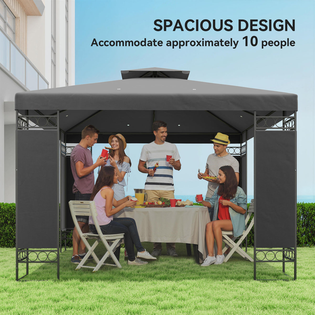 10 x 10 ft Canopy Gazebo with Double Roof and Mesh Screen Panels, Dark Grey