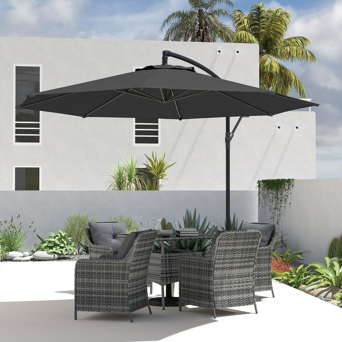 3 m Banana Parasol with Crank Handle, 8 Ribs & Cross Base, Black