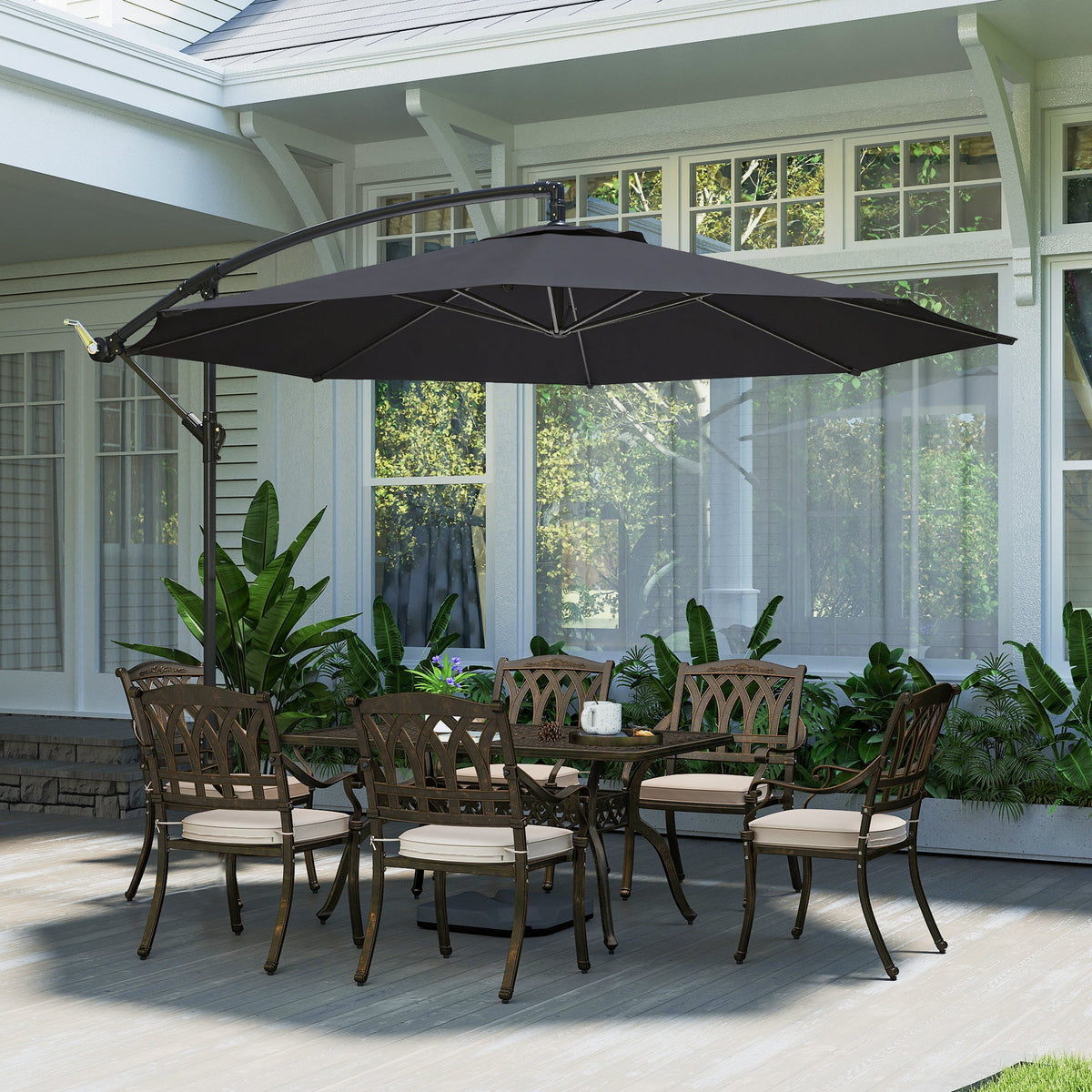 3 m Banana Parasol with Crank Handle, 8 Ribs & Cross Base, Black