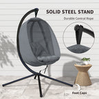 Hanging Egg Chair, Outdoor Indoor Swing Chair with Stand, Folding Basket and Thickened Cushion for Patio, Garden, Balcony, Grey