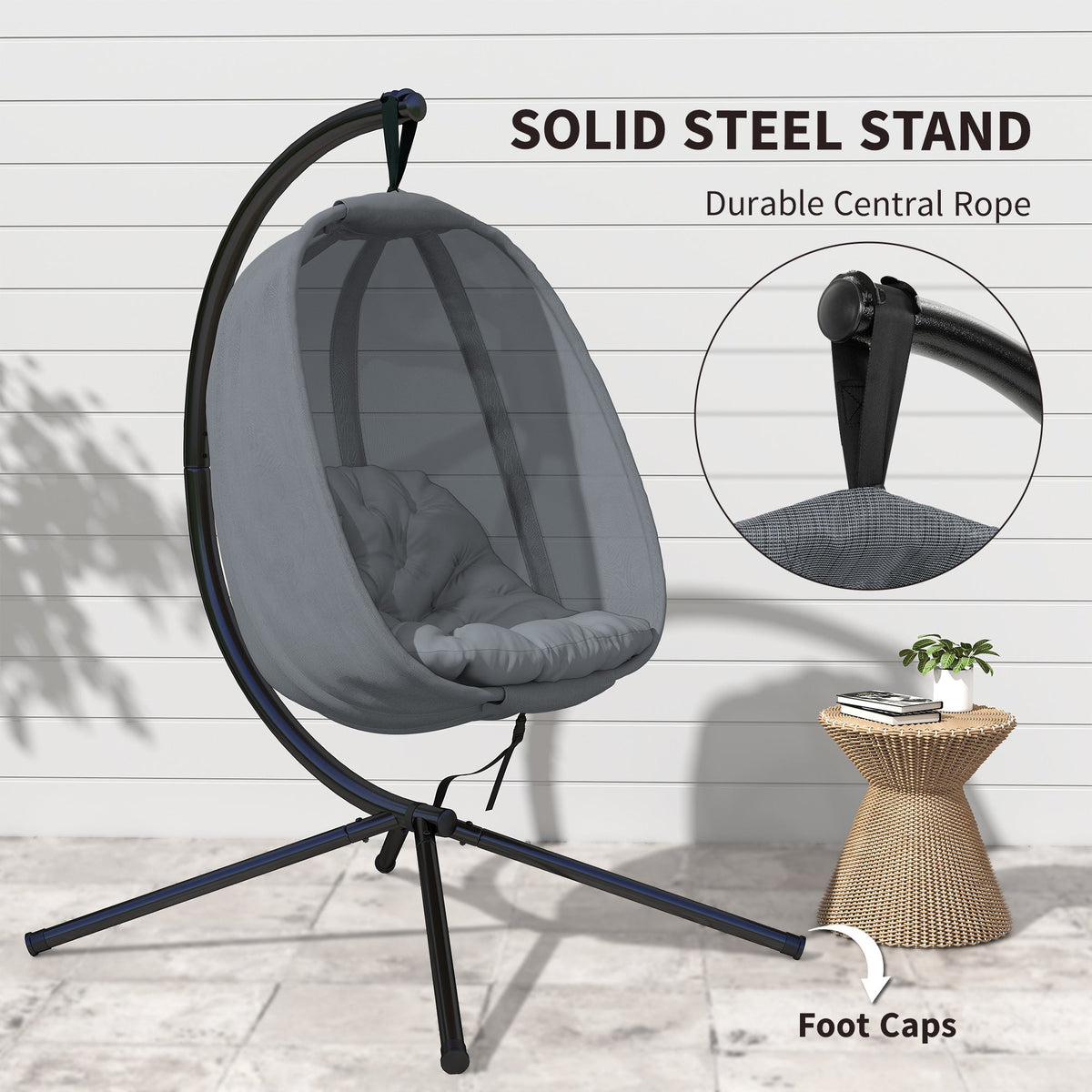 Hanging Egg Chair, Outdoor Indoor Swing Chair with Stand, Folding Basket and Thickened Cushion for Patio, Garden, Balcony, Grey