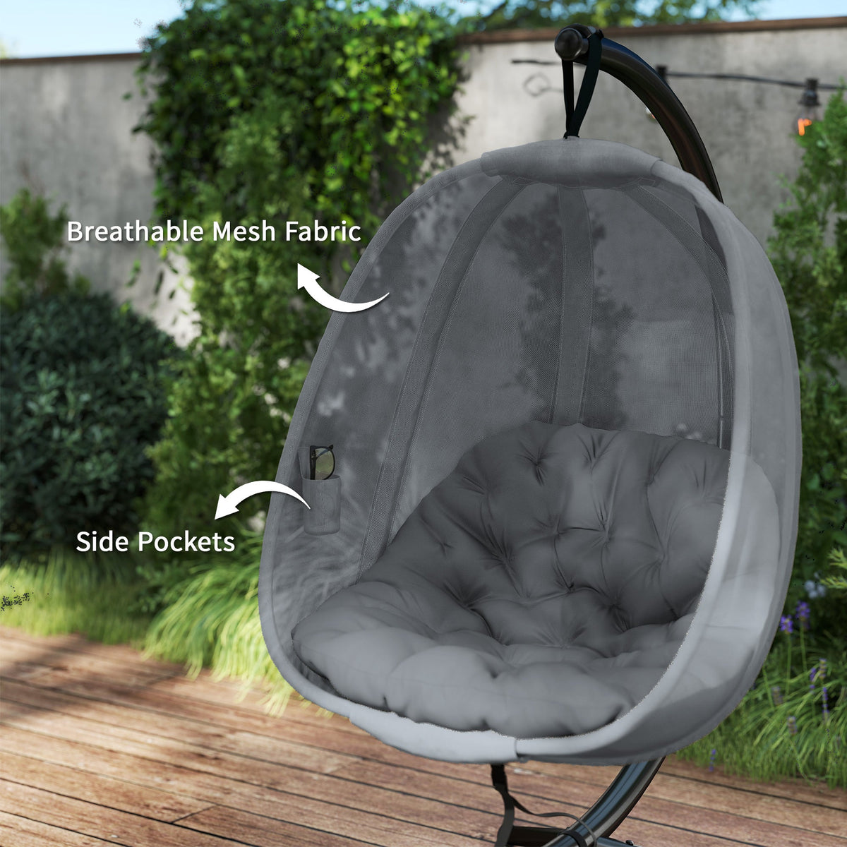 Hanging Egg Chair, Outdoor Indoor Swing Chair with Stand, Folding Basket and Thickened Cushion for Patio, Garden, Balcony, Grey