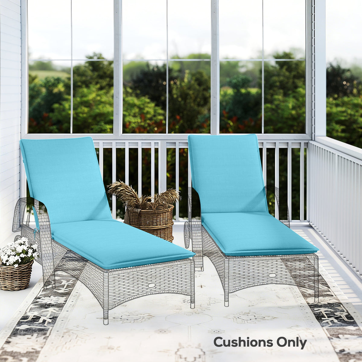 2-Piece Outdoor Lounge Chair Cushions, 76" x 23", Light Blue