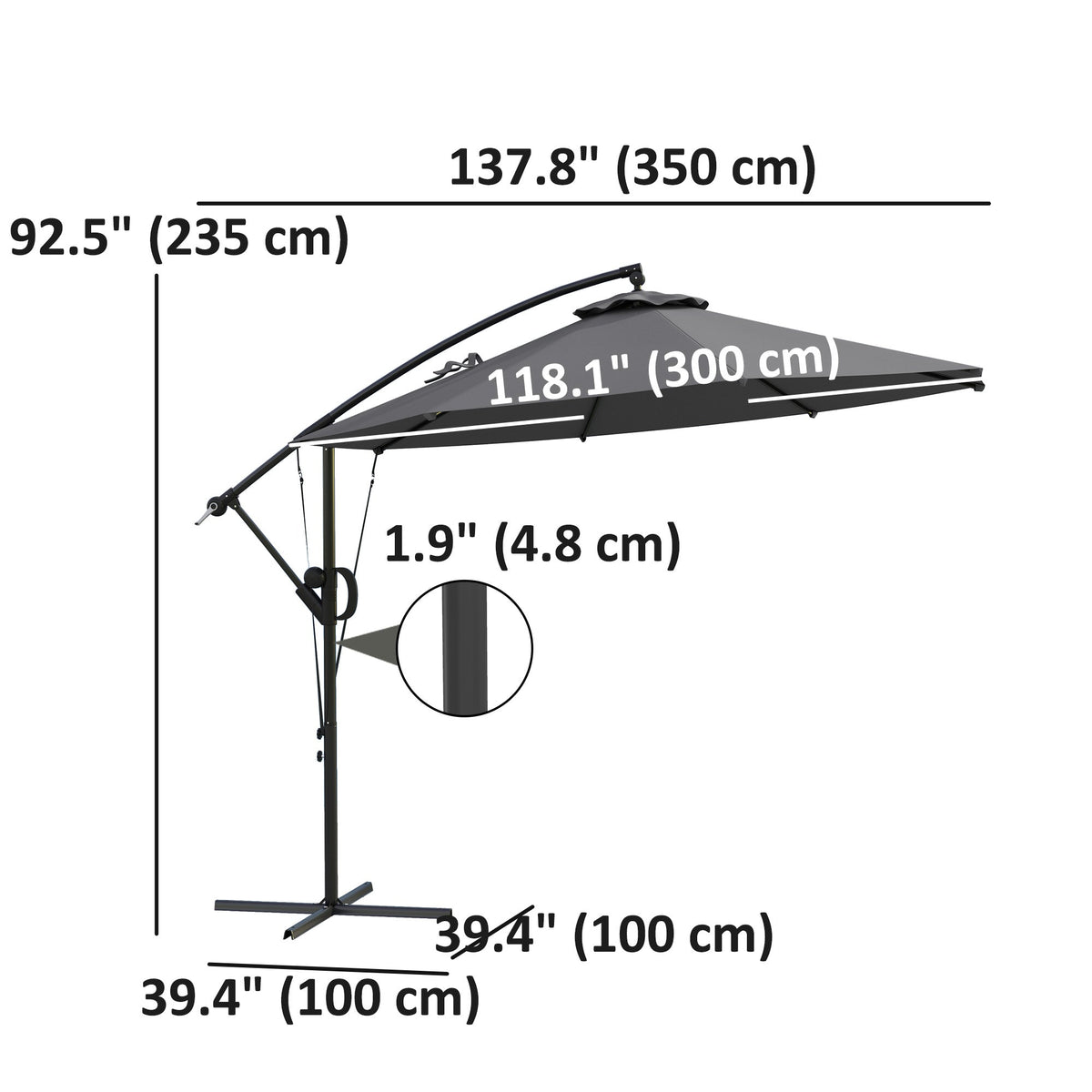 118.1" Offset Patio Umbrella with Cover, Tilt and Wind Strap, Grey