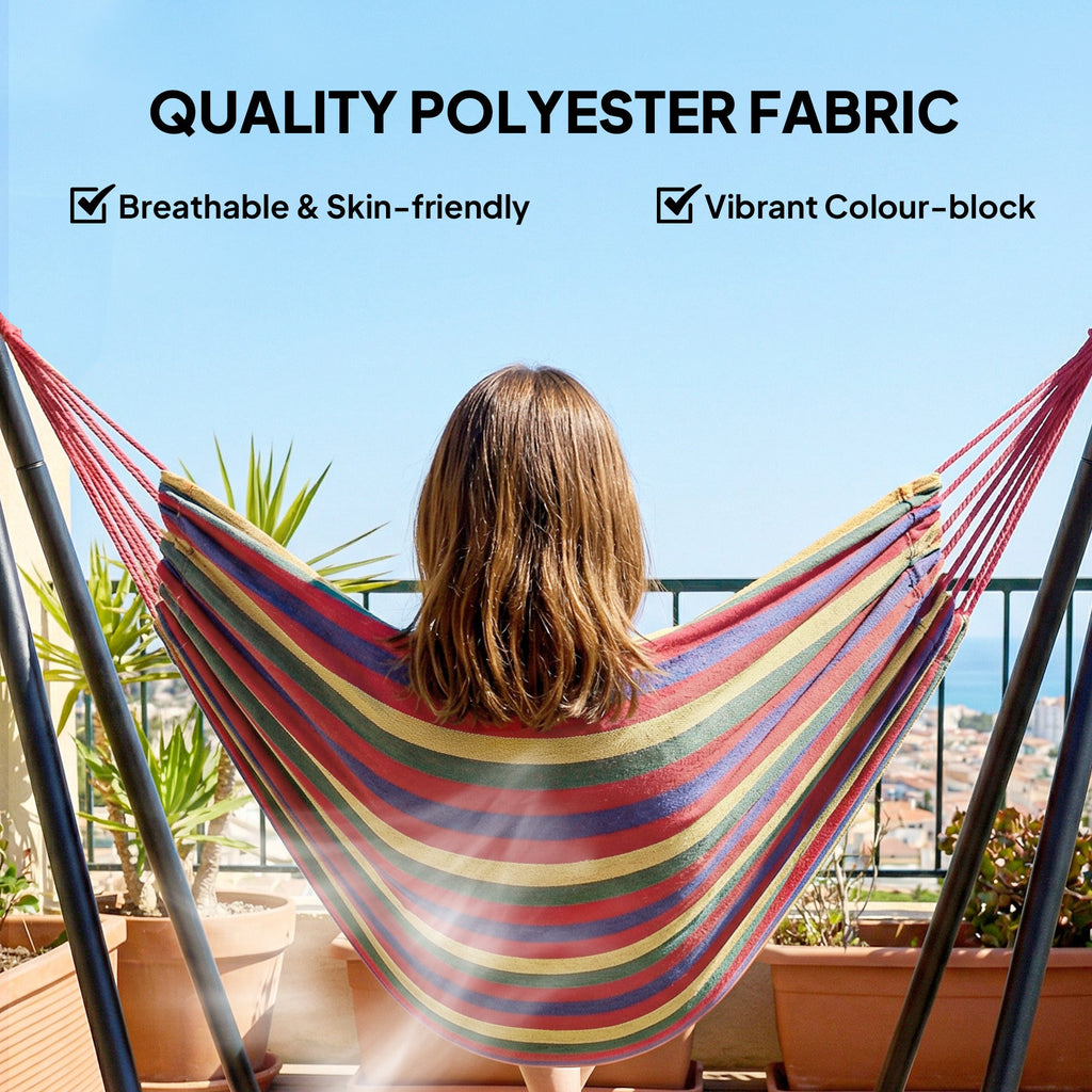 Fabric Patio Hammock with Steel Stand, Free-Standing Lounge Bed, Multi-Colored