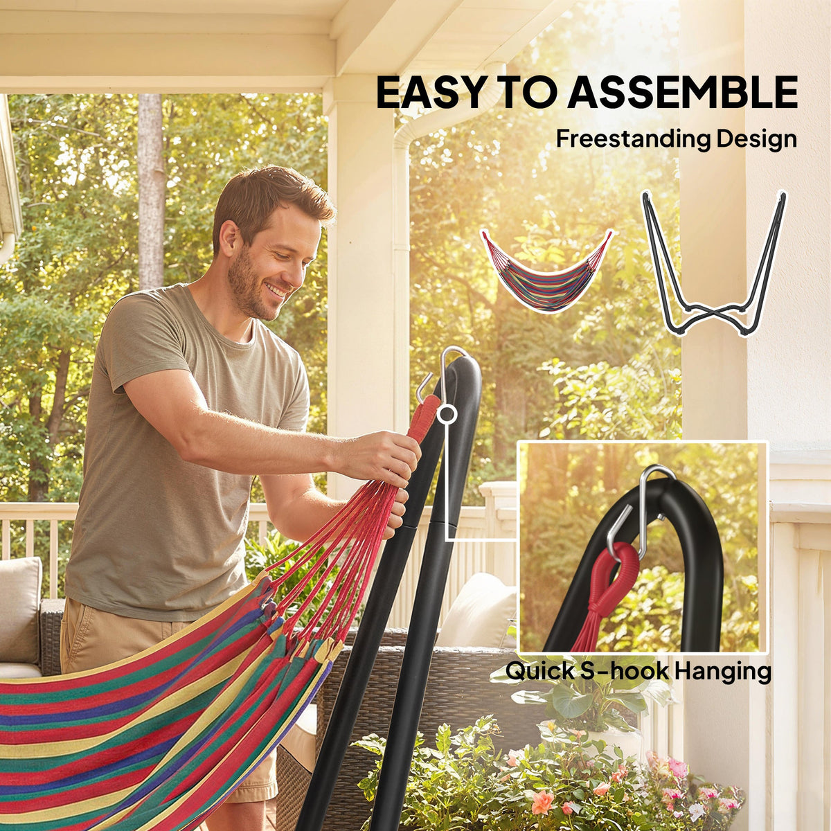 Fabric Patio Hammock with Steel Stand, Free-Standing Lounge Bed, Multi-Colored