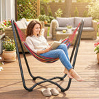 Fabric Patio Hammock with Steel Stand, Free-Standing Lounge Bed, Multi-Colored