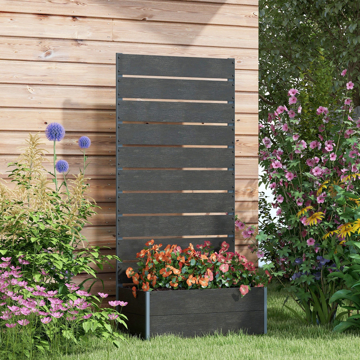 28" x 15" x 59" Raised Garden Bed with Trellis and Drain Gap, Black