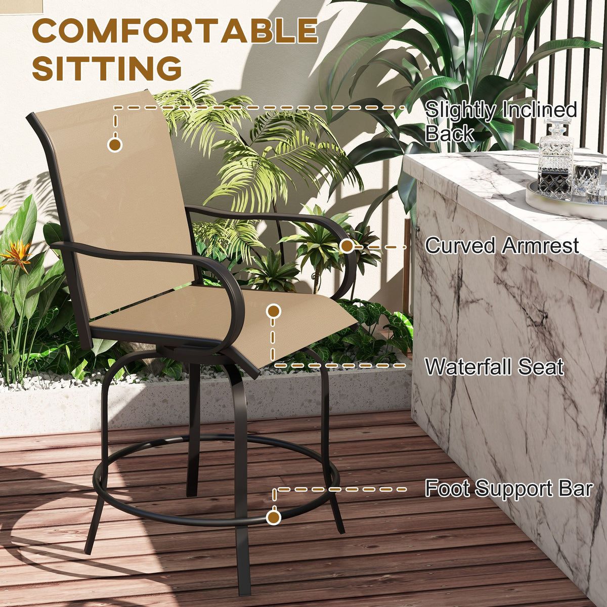 2-Piece Swivel Outdoor Bar Stools with Armrests, Tan