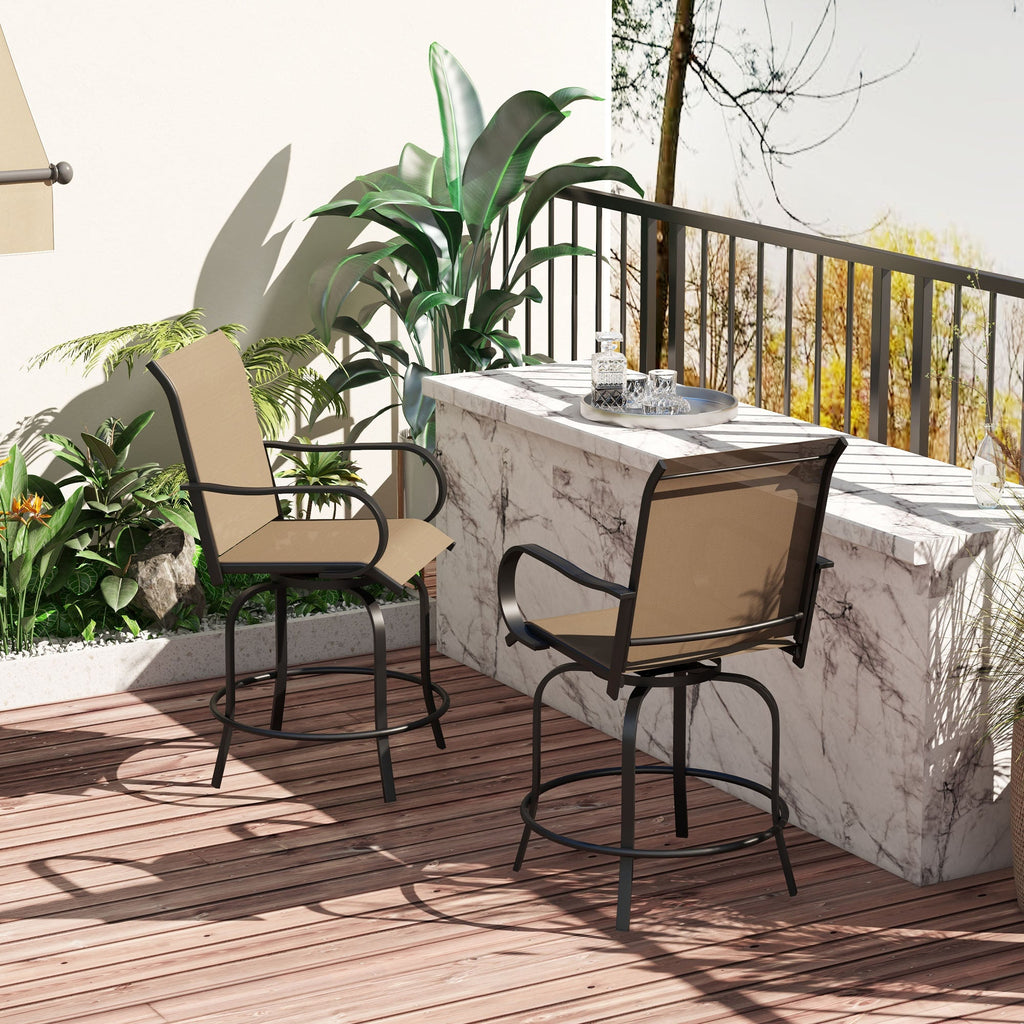 2-Piece Swivel Outdoor Bar Stools with Armrests, Tan