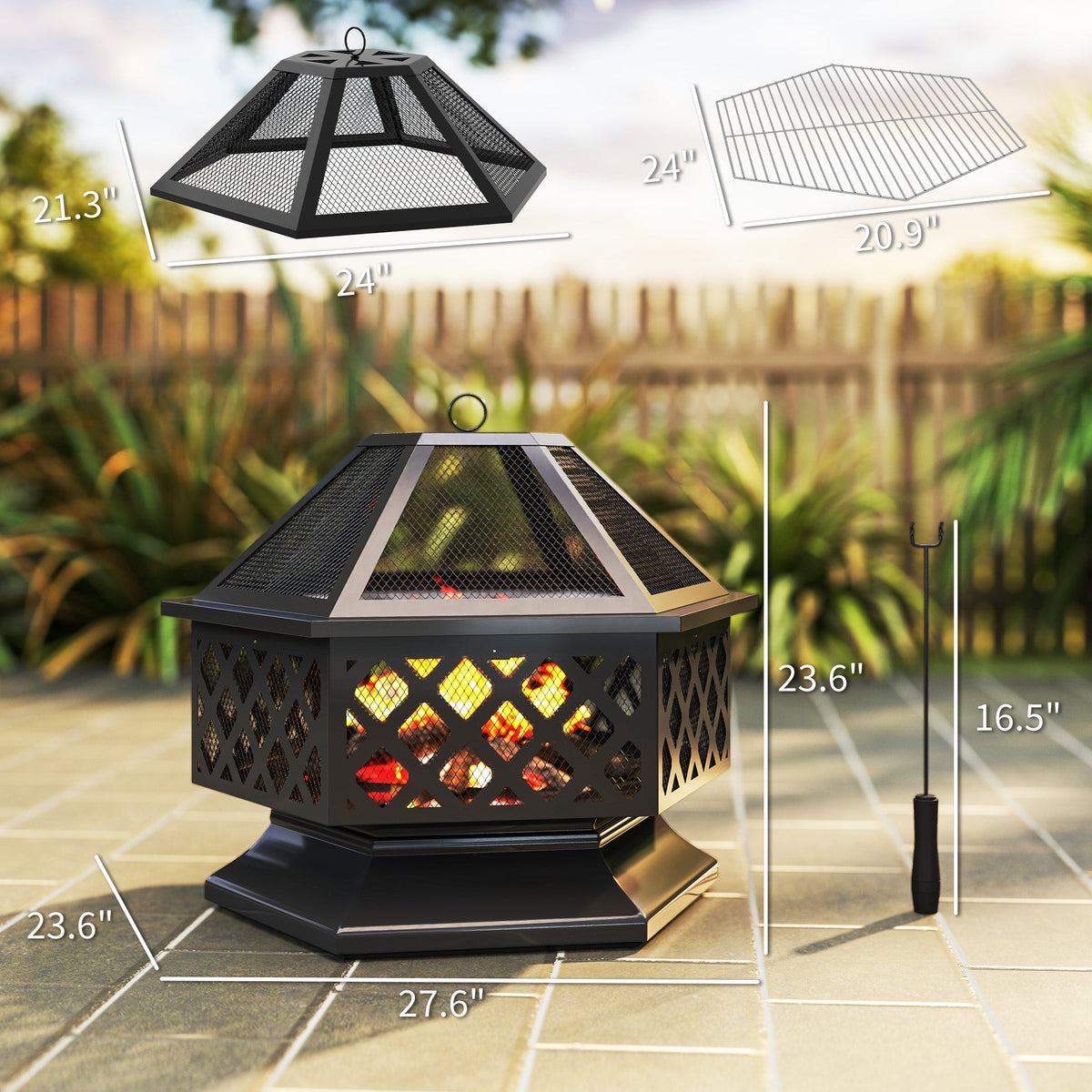 28" Outdoor Fire Pit Grill with Cooking Grate, Fire Poker and Spark Screen Lid