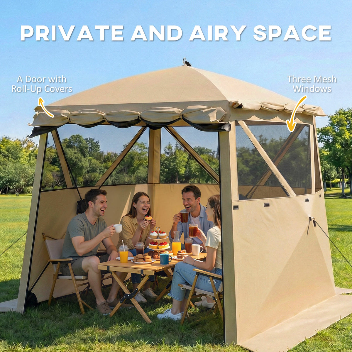 2 x 2 m Pop Up Gazebo with Awning, Sides, Mesh Windows & Carry Bag, Khaki