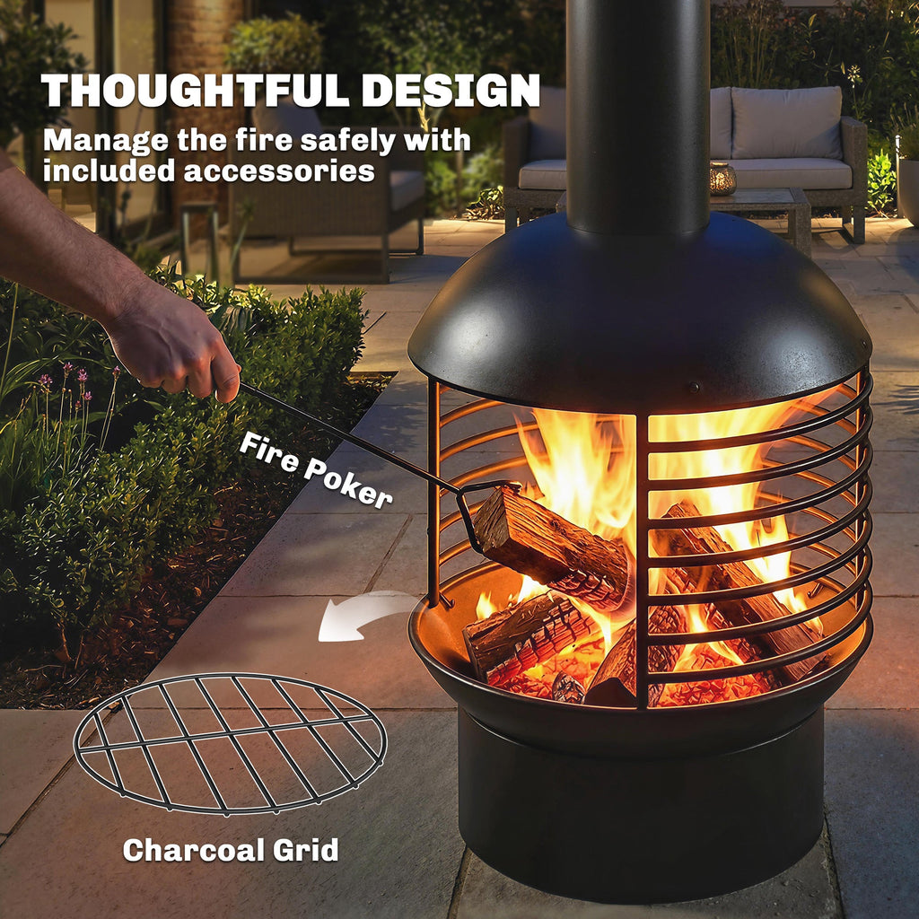 Chimney Fire Pit with Poker and Charcoal Grid, Black
