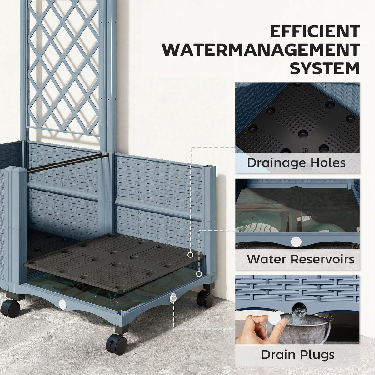 56.3" Self-Watering Planter Box with Trellis and Wheels, Gray