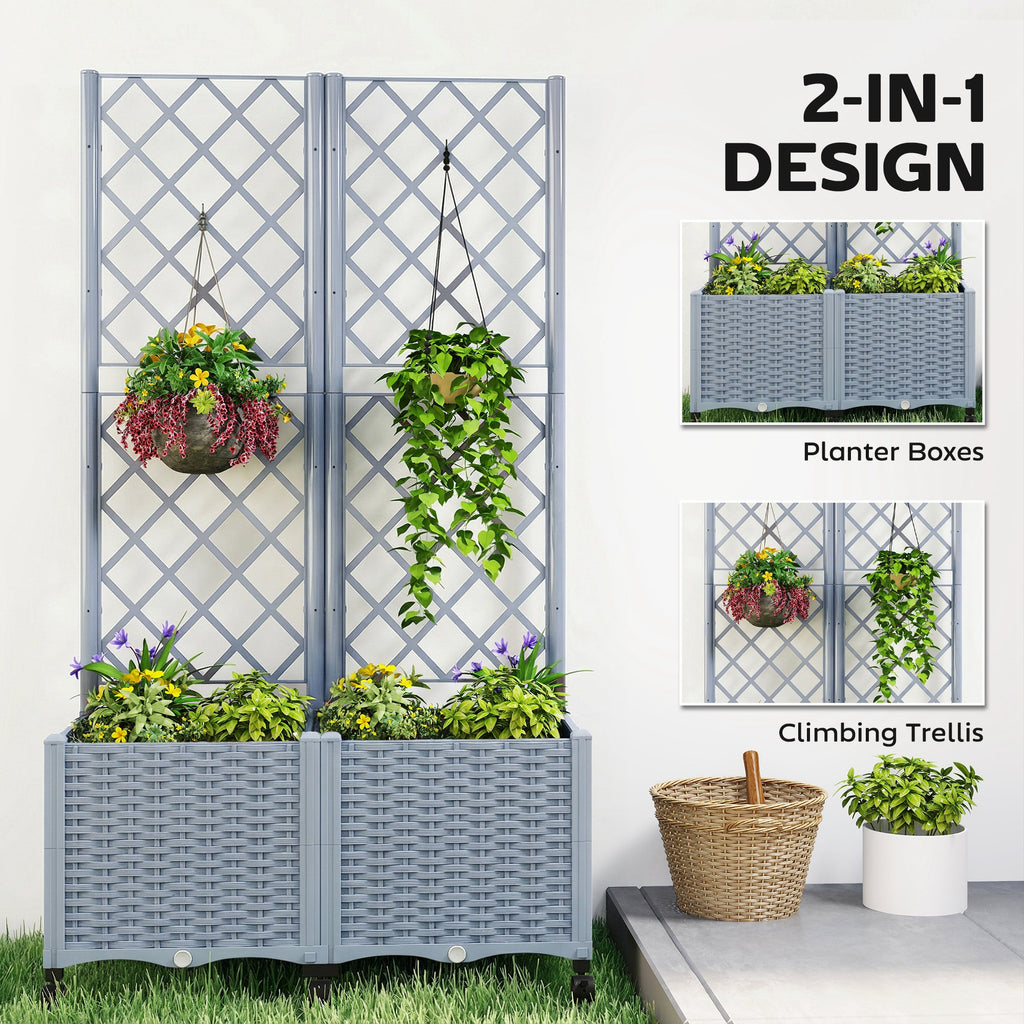56.3" Self-Watering Planter Box with Trellis and Wheels, Gray