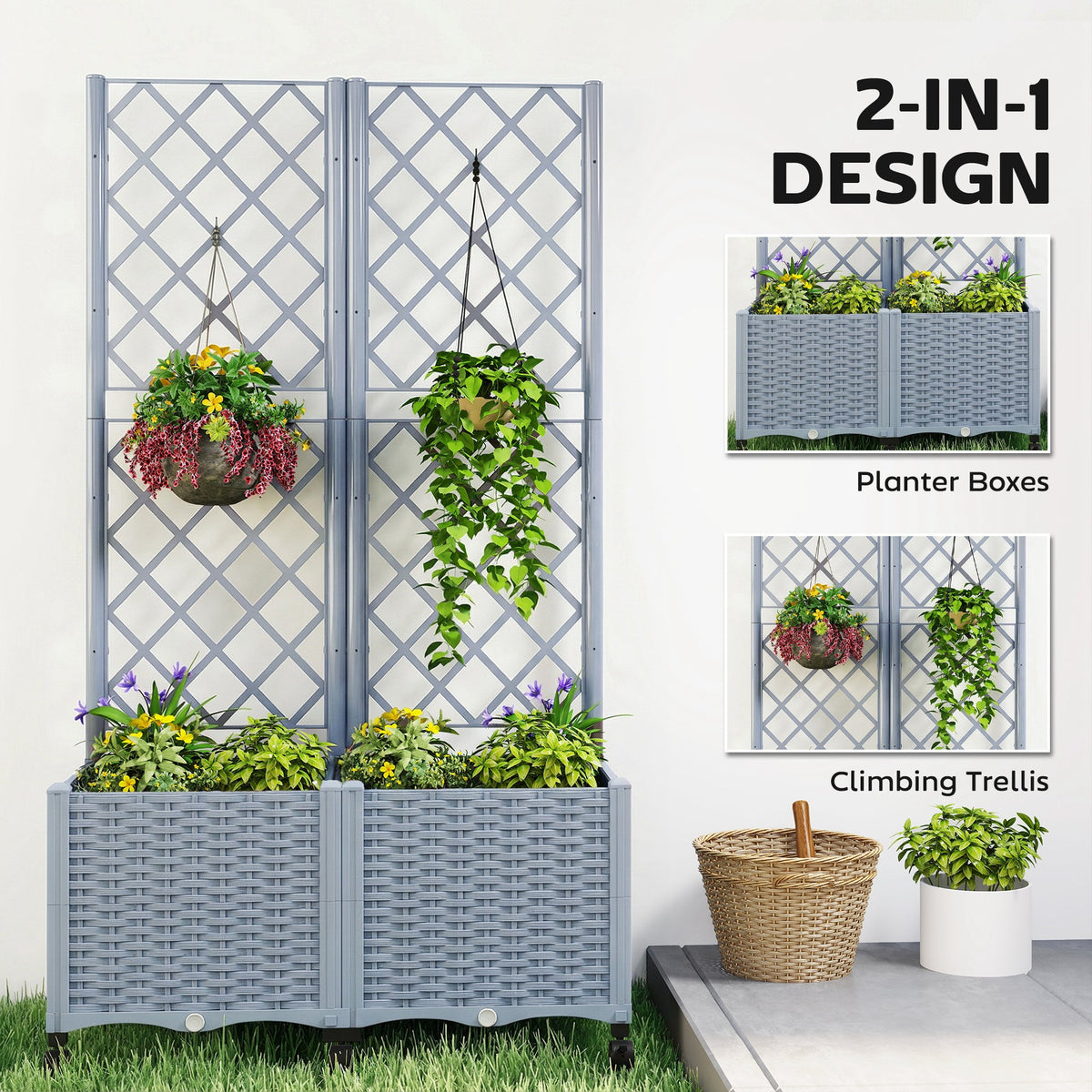 56.3" Self-Watering Planter Box with Trellis and Wheels, Gray